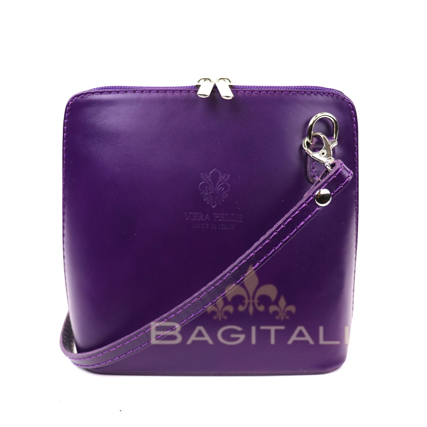 Eclectic Mini Milano purple smooth leather crossbody bag with silver hardware and detachable strap