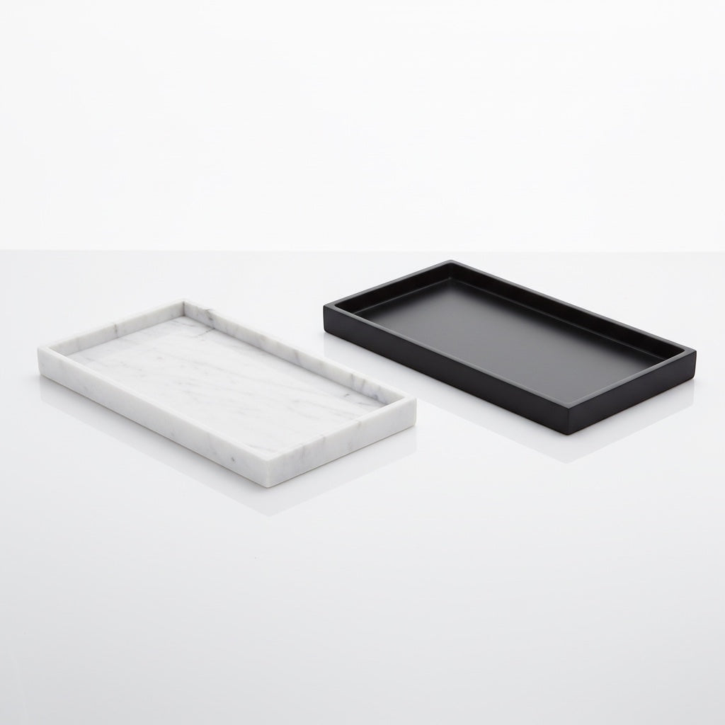 Eclectic minimalist rectangular vanity trays in matte black and white marble finish for bathroom organization