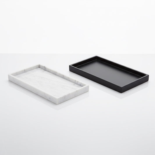Eclectic minimalist rectangular vanity trays in matte black and white marble finish for bathroom organization