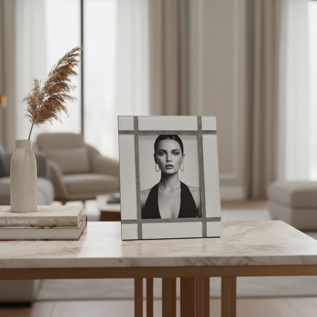 Eclectic mirrored photo frame with crystal grid detailing displayed on a marble table in a modern living room.