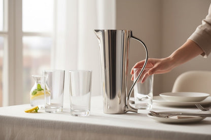 Eclectic Mockana handcrafted aluminium water jug with a plain handle on a dining table with glasses