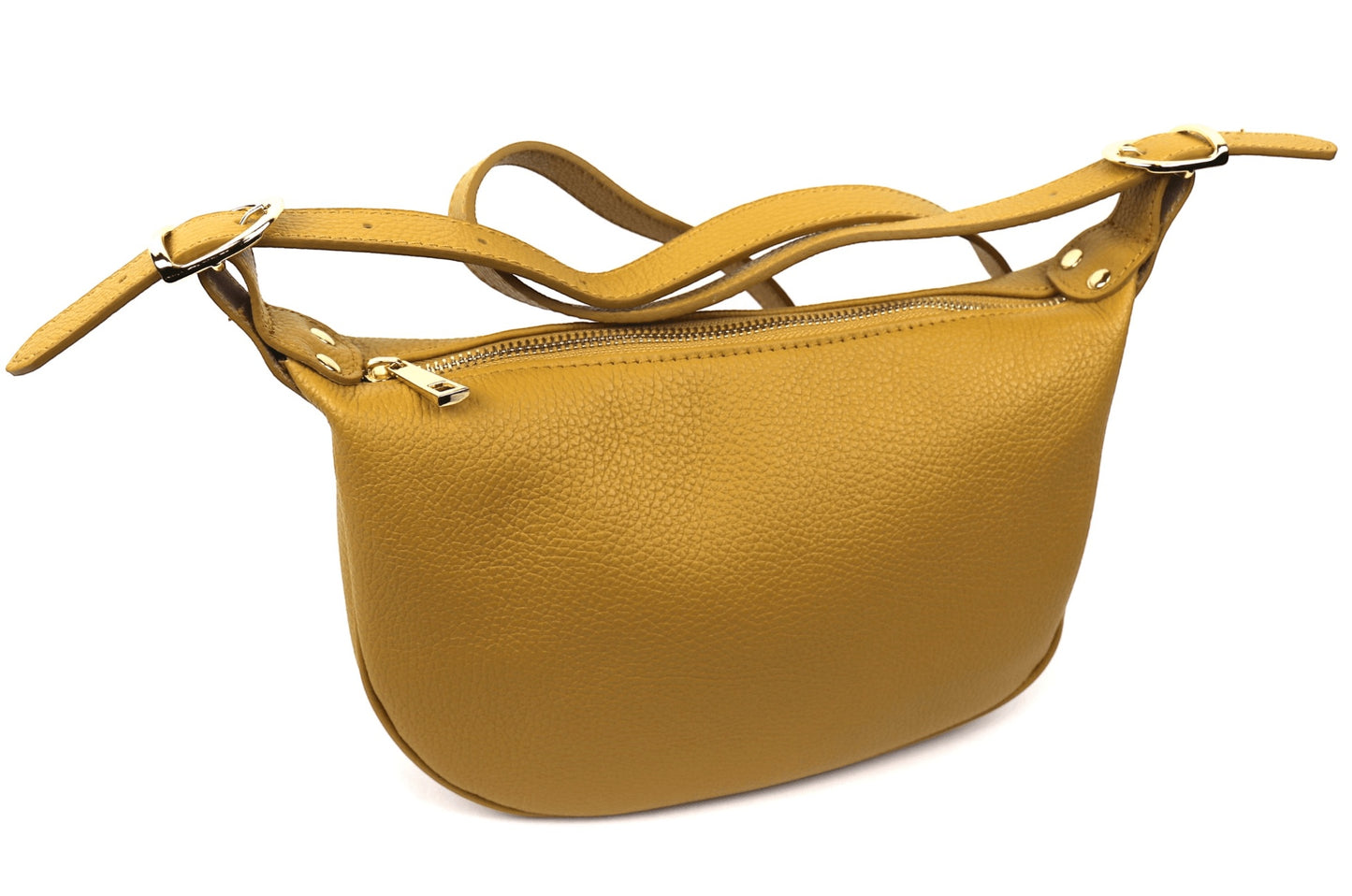 Eclectic mustard yellow grained leather half moon sling bag with gold hardware and adjustable strap.