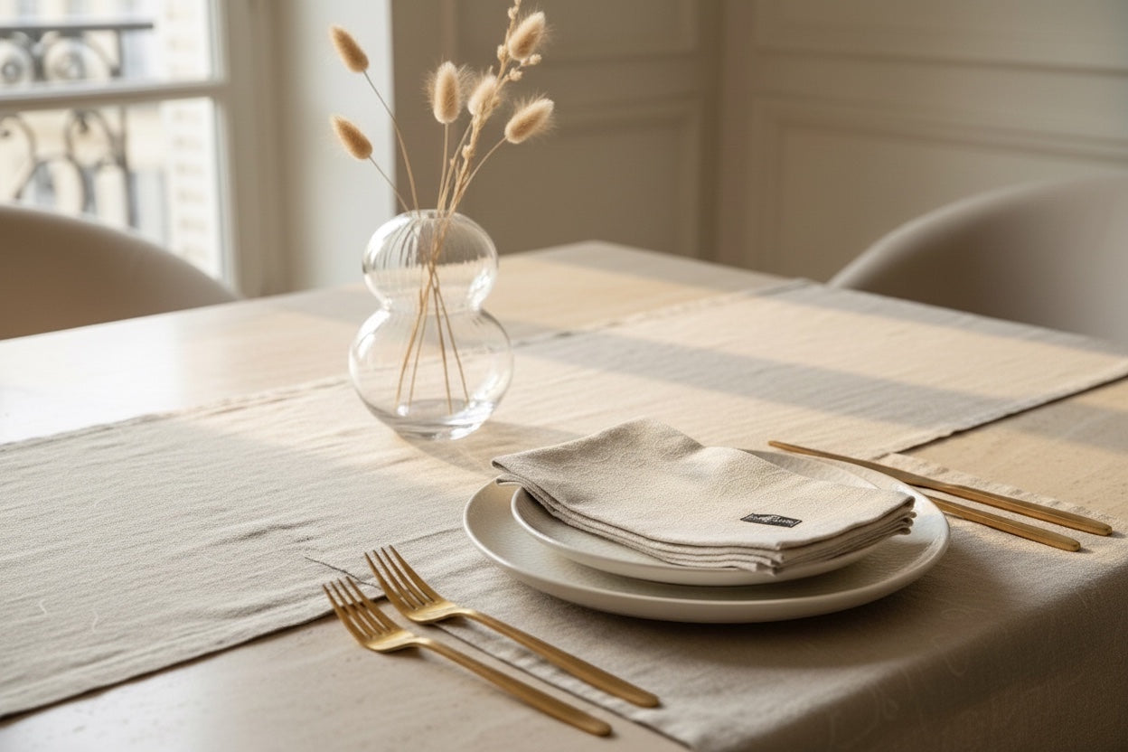 Eclectic set of 4 natural stonewashed linen napkins with a subtle scroll pattern on a minimalist dining table