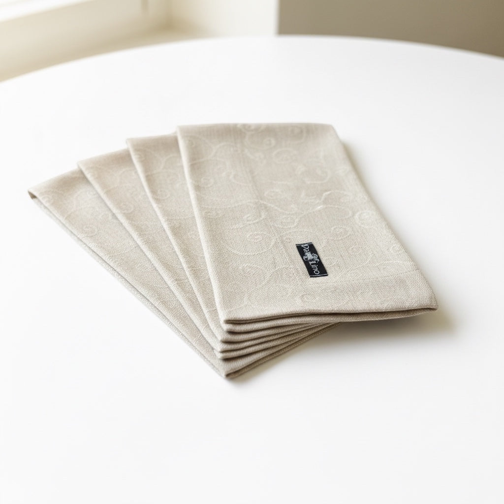 Eclectic set of four natural stonewashed linen napkins with a subtle tonal scroll pattern on a white table