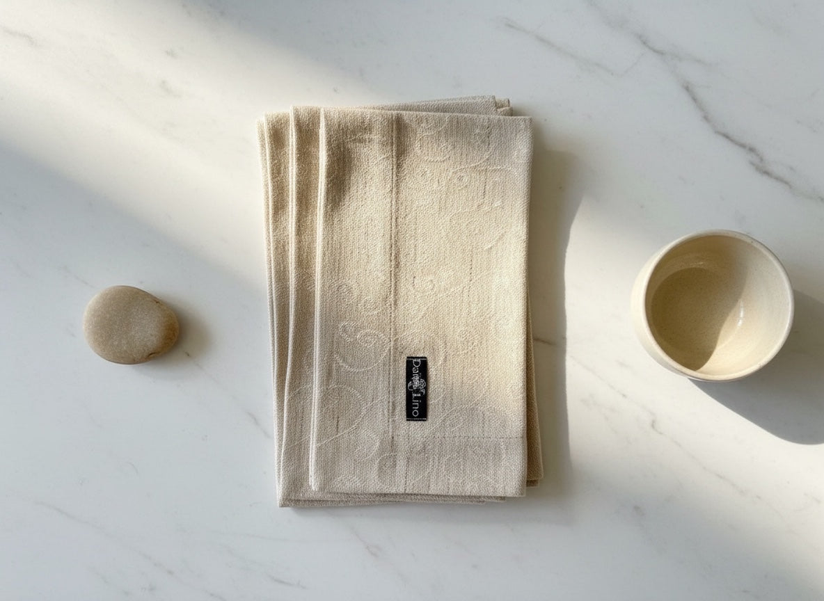 Eclectic set of four natural stonewashed linen napkins with a tonal scroll pattern on a white marble surface.