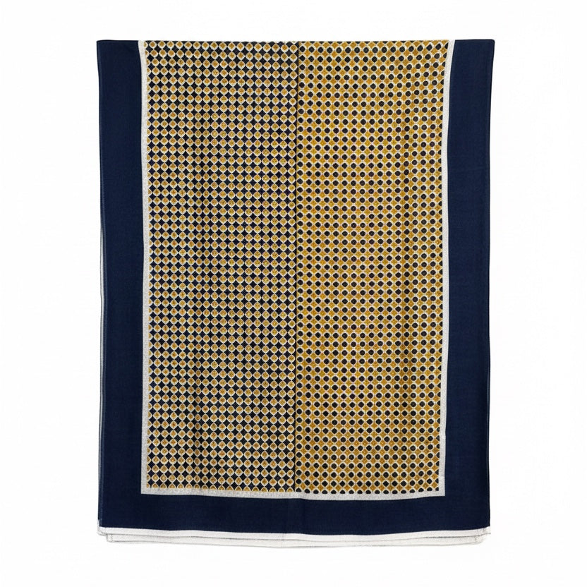 Eclectic navy and gold cashmere wool blend wrap scarf with a geometric dot pattern and solid border