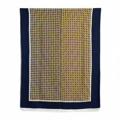 Eclectic navy and gold cashmere wool blend wrap scarf with a geometric dot pattern and solid border