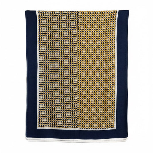 Eclectic navy and gold cashmere wool blend wrap scarf with a geometric dot pattern and solid border