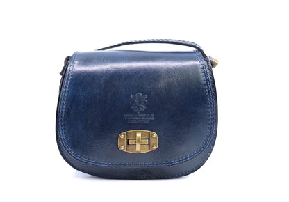 Eclectic navy blue Italian leather crossbody bag with brushed brass hardware and a front twist-lock closure.