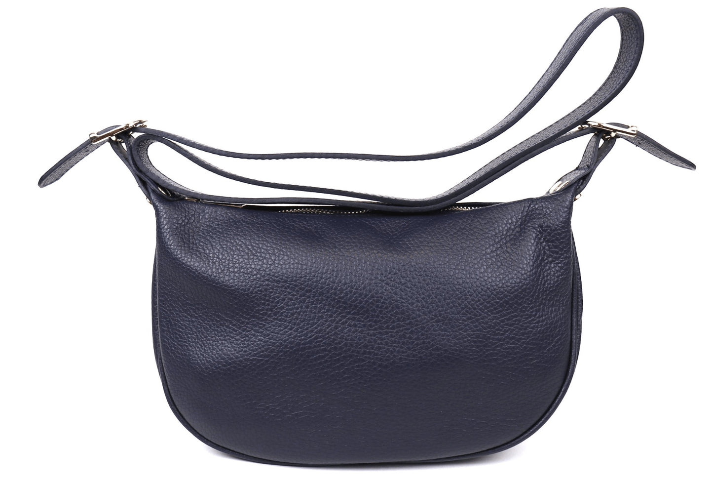 Eclectic navy blue grained leather half moon sling bag with an adjustable strap and gold-tone hardware.