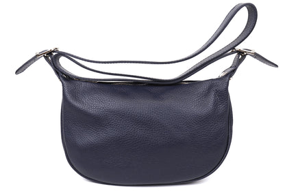 Eclectic navy blue grained leather half moon sling bag with an adjustable strap and gold-tone hardware.