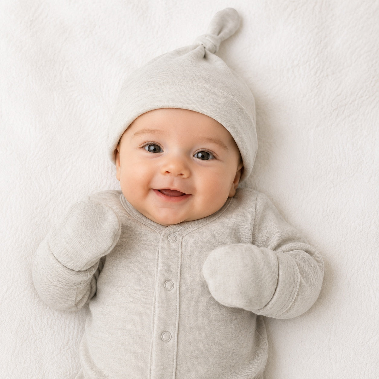 Eclectic newborn wearing a soft neutral knotted cotton hat and matching scratch mittens, smiling at the camera.