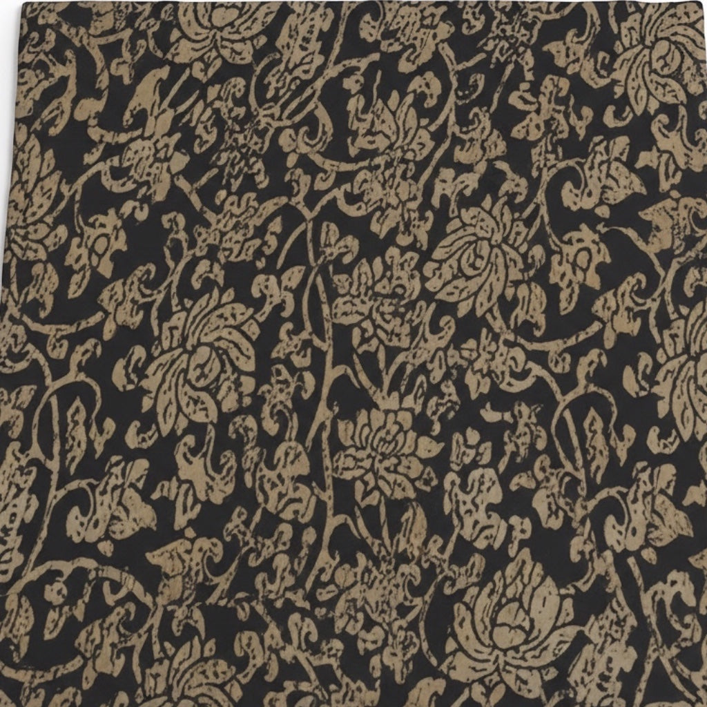 Eclectic Noir Baroque round tablecloth featuring an intricate black and gold floral pattern on durable fabric.