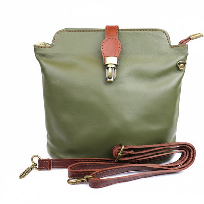 Eclectic Roma olive green Italian leather crossbody bag with tan trim, gold hardware, and detachable strap.