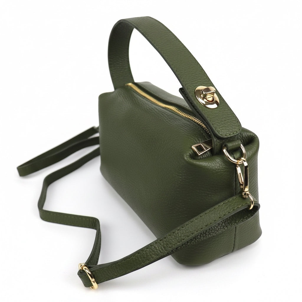 Eclectic olive green pebbled leather top handle crossbody bag with gold hardware and detachable strap