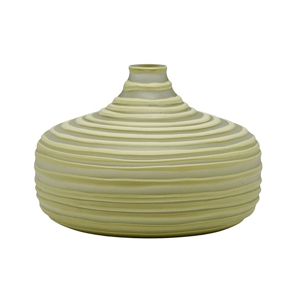 Eclectic wide olive glass vase with a sculptural ribbed texture and a low rounded silhouette.