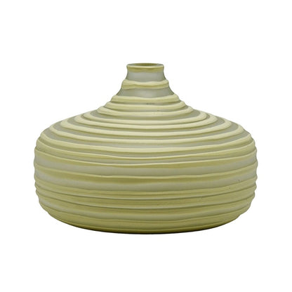 Eclectic wide olive glass vase with a sculptural ribbed texture and a low rounded silhouette.