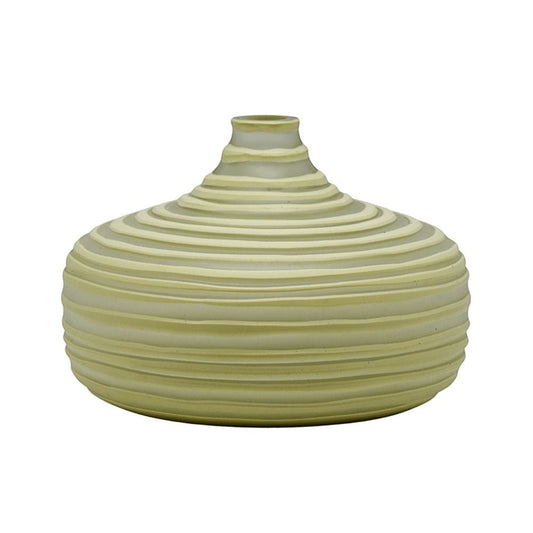 Eclectic wide olive glass vase with a sculptural ribbed texture and a low rounded silhouette.