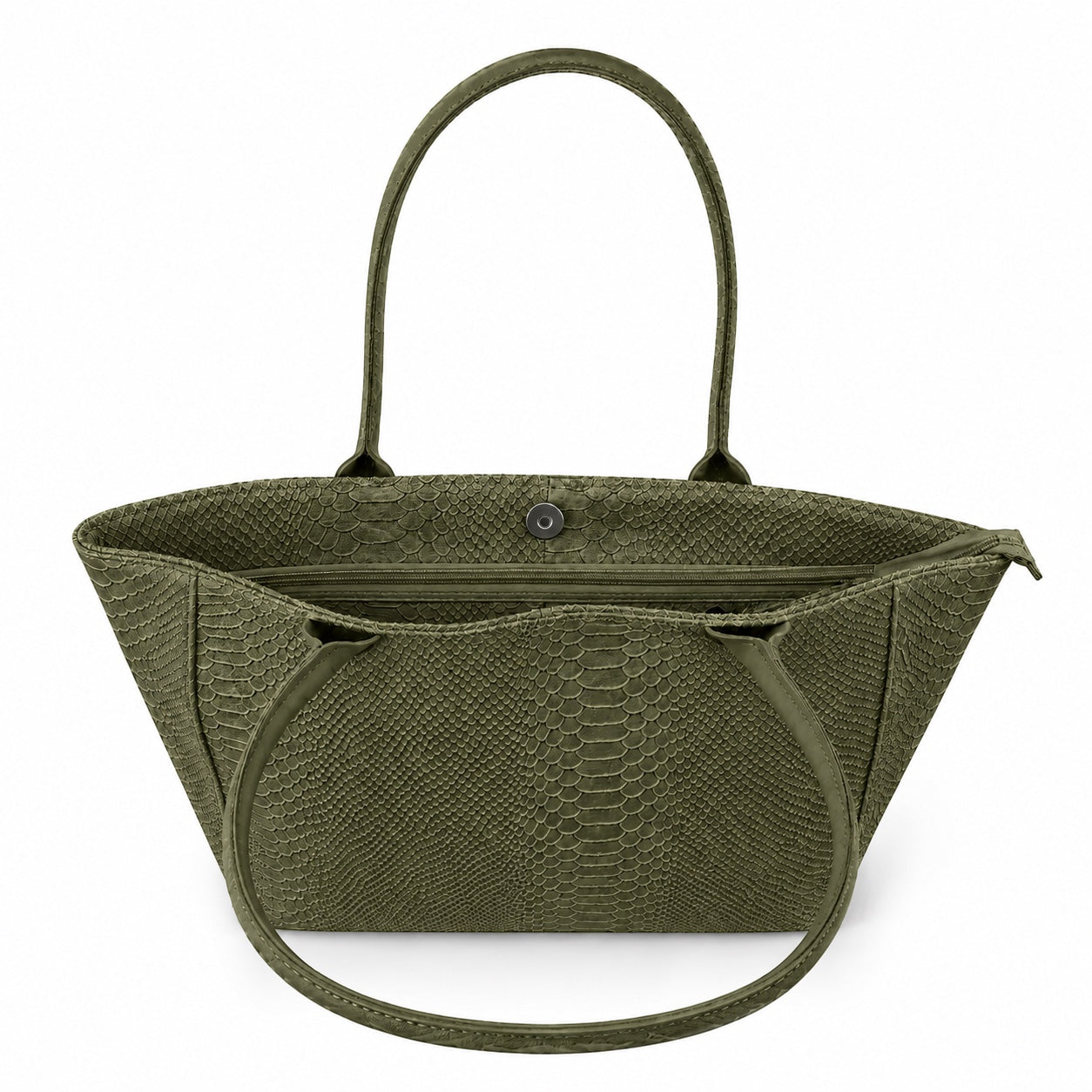 Eclectic Florenza olive suede shopper bag with snake-print texture, top handles, and central zip closure.