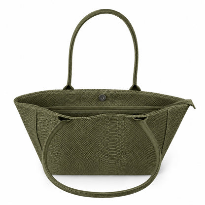 Eclectic Florenza olive suede shopper bag with snake-print texture, top handles, and central zip closure.