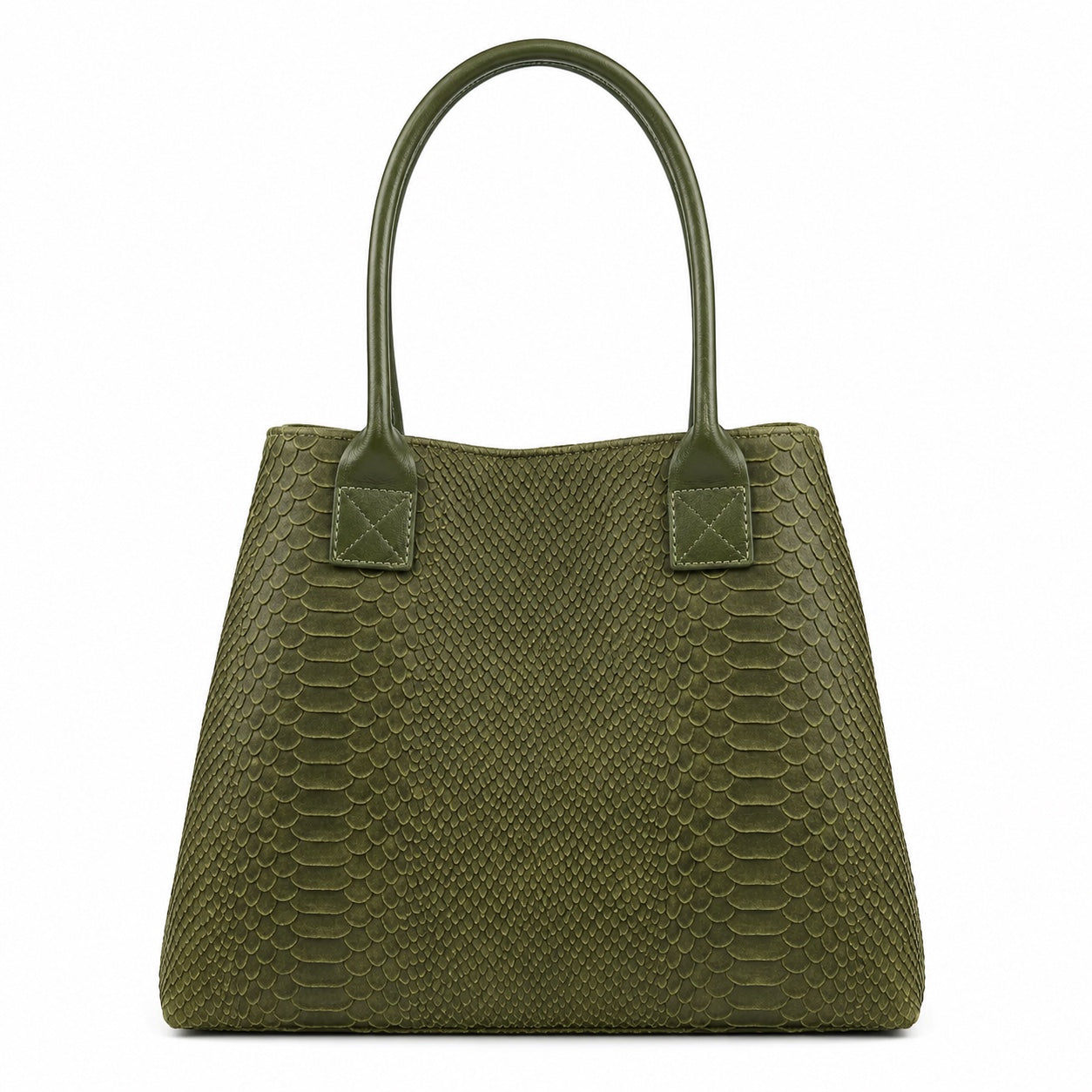 Eclectic olive suede shopper bag with snake-print texture and top handles, featuring a versatile convertible design.