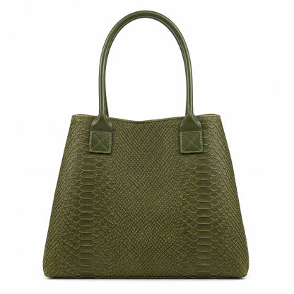 Eclectic olive suede shopper bag with snake-print texture and top handles, featuring a versatile convertible design.