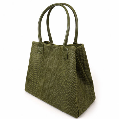 Eclectic olive suede shopper bag with snake-print texture and top handles, shown in a convertible handbag silhouette.