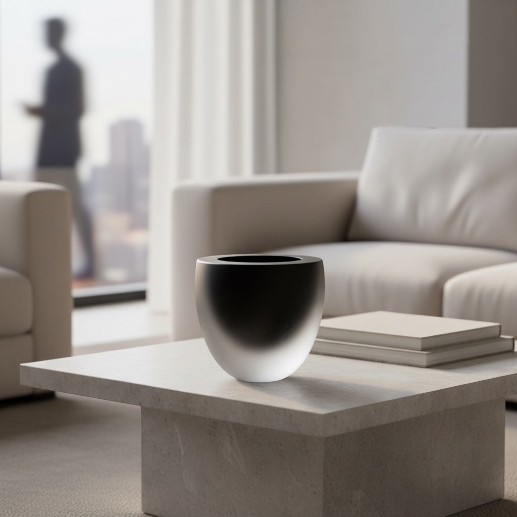 Eclectic Onyx rounded glass vase with a smoky black gradient finish, displayed on a modern stone coffee table.
