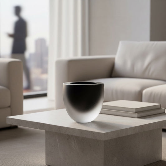 Eclectic Onyx rounded glass vase with a smoky black gradient finish, displayed on a modern stone coffee table.