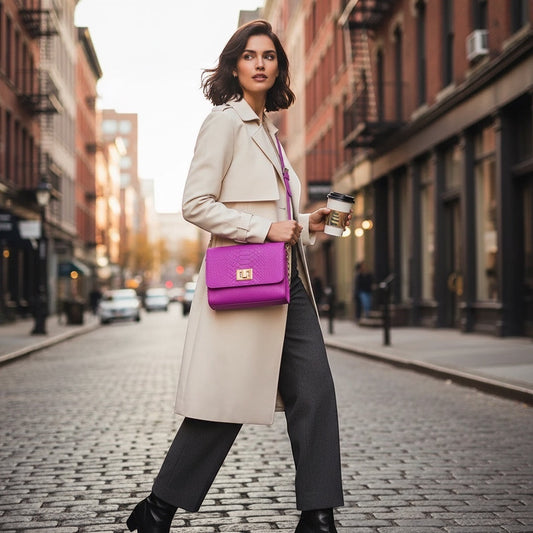 Eclectic Catherine crossbody bag in orchid snake-embossed leather with gold hardware, worn by a woman on a city street.