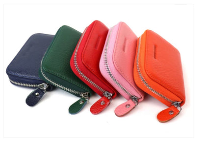Eclectic collection of five colourful Italian pebbled leather zip-around card holders in a row