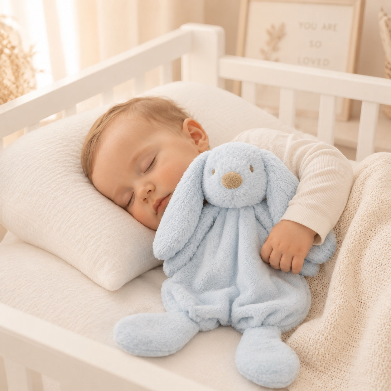 Eclectic Peluche powder blue plush bunny dou dou comfort blanket held by a sleeping baby in a white crib