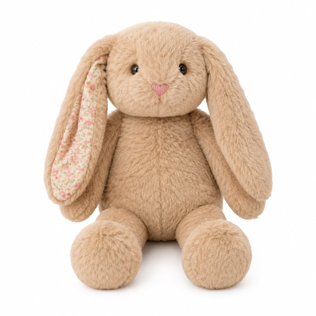 Eclectic Peluche 35cm warm brown plush bunny with long floppy ears featuring a delicate floral print lining