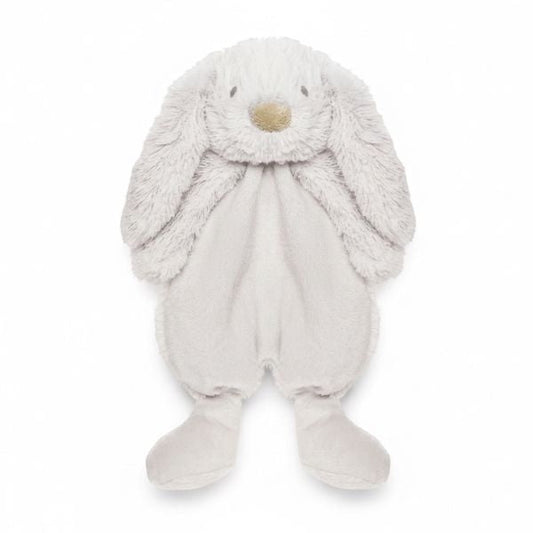 Eclectic Peluche grey bunny dou dou with soft plush fabric, floppy ears, and a sweet expression for baby comfort.
