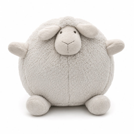 Eclectic Peluche grey round lamb plush toy made of ultra-soft fabric, perfect for nursery decor and cuddling.