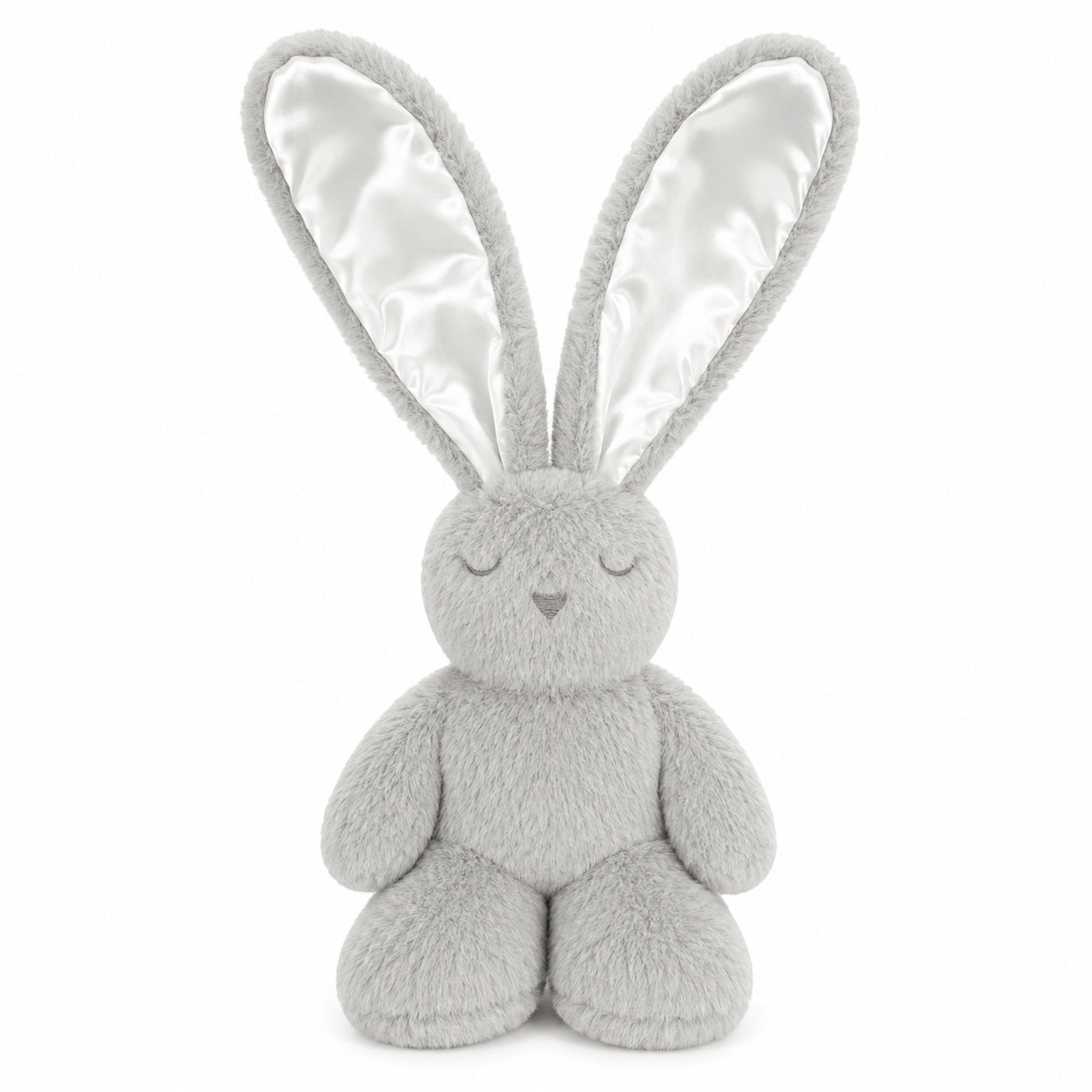 Eclectic Peluche grey plush bunny toy with long satin-lined ears and embroidered closed eyes for a soothing look.