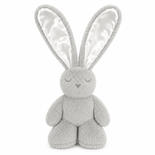 Eclectic Peluche grey plush bunny toy with long satin-lined ears and embroidered closed eyes for a soothing look.