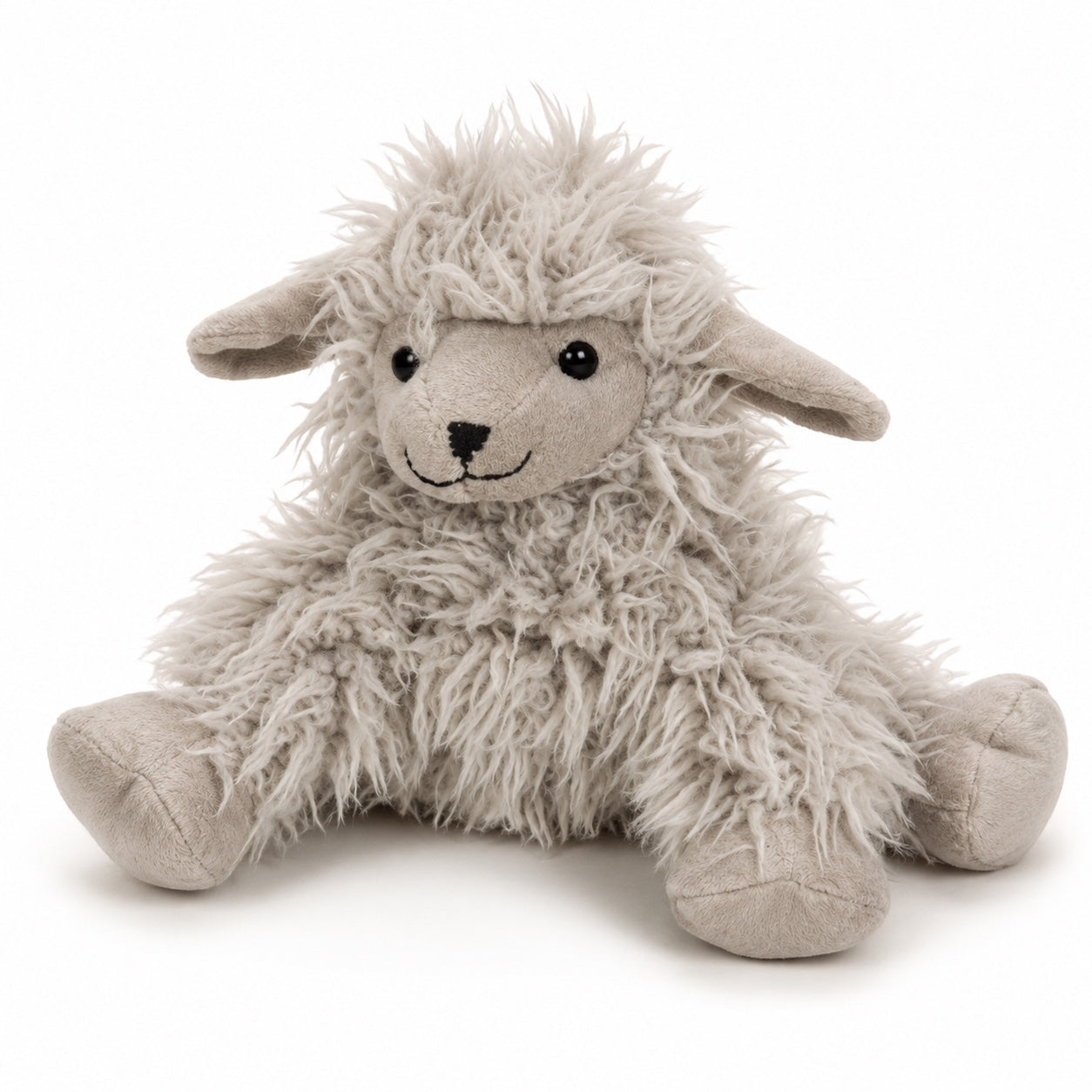 Eclectic Peluche 20cm grey shaggy plush lamb toy with floppy ears and an embroidered smile on a white background.