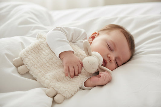 Eclectic Peluche Ripples Lamb Dou Dou comforter in beige plush fabric held by a sleeping baby on white bedding