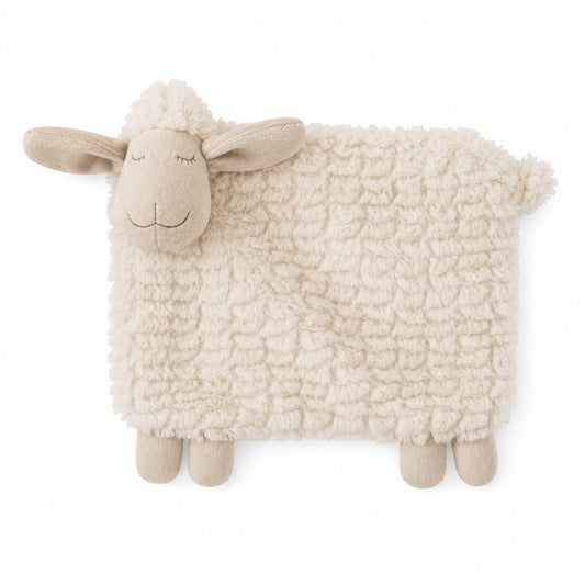 Eclectic Peluche Ripples Lamb Dou Dou comforter in soft neutral beige plush fabric with embroidered facial features.
