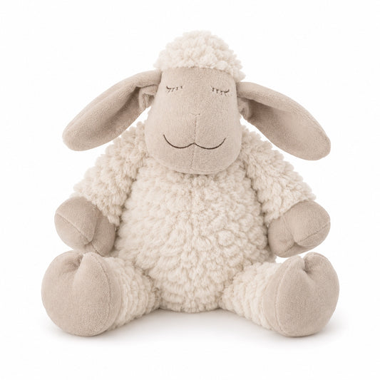 Eclectic Peluche Ripples Lamb plush toy in soft beige with textured ripple fleece, floppy ears, and embroidered face.