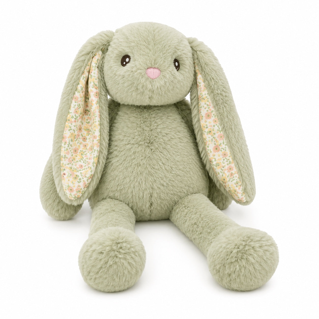 Eclectic Peluche sage green plush bunny with long floppy ears featuring a delicate floral print and pink nose.