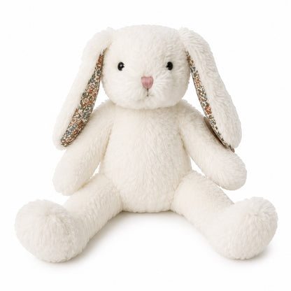 Eclectic Peluche Bun-Bun white plush bunny toy with long floppy ears featuring a floral pattern lining.
