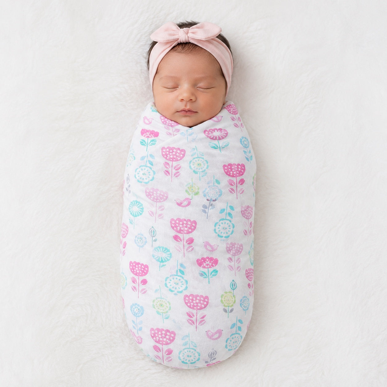 Newborn baby swaddled in an Eclectic cotton flannel blanket with a white and pastel floral print and pink headband.