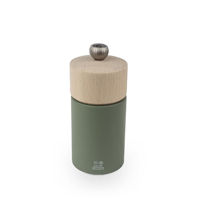 Eclectic Peugeot Boreal 12cm pepper mill in fern green beechwood with a natural wood top and steel grinding knob.