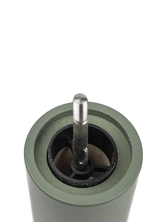 Eclectic Peugeot Boreal 12cm pepper mill in fern green beechwood, showing the top steel grinding mechanism
