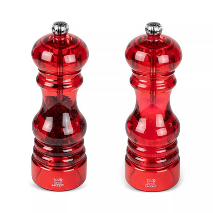 Eclectic Peugeot Podium 18cm red acrylic salt and pepper mill set with precision grinding mechanisms