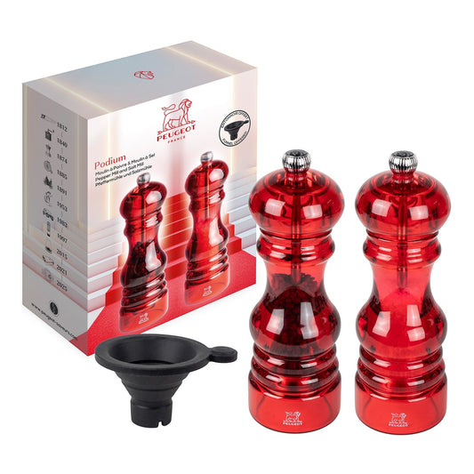 Eclectic Peugeot Podium red acrylic salt and pepper mill set with silicone funnel and gift box