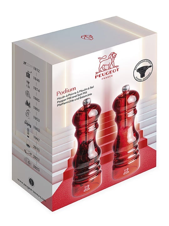 Eclectic Peugeot Podium red acrylic salt and pepper mill set in gift box packaging