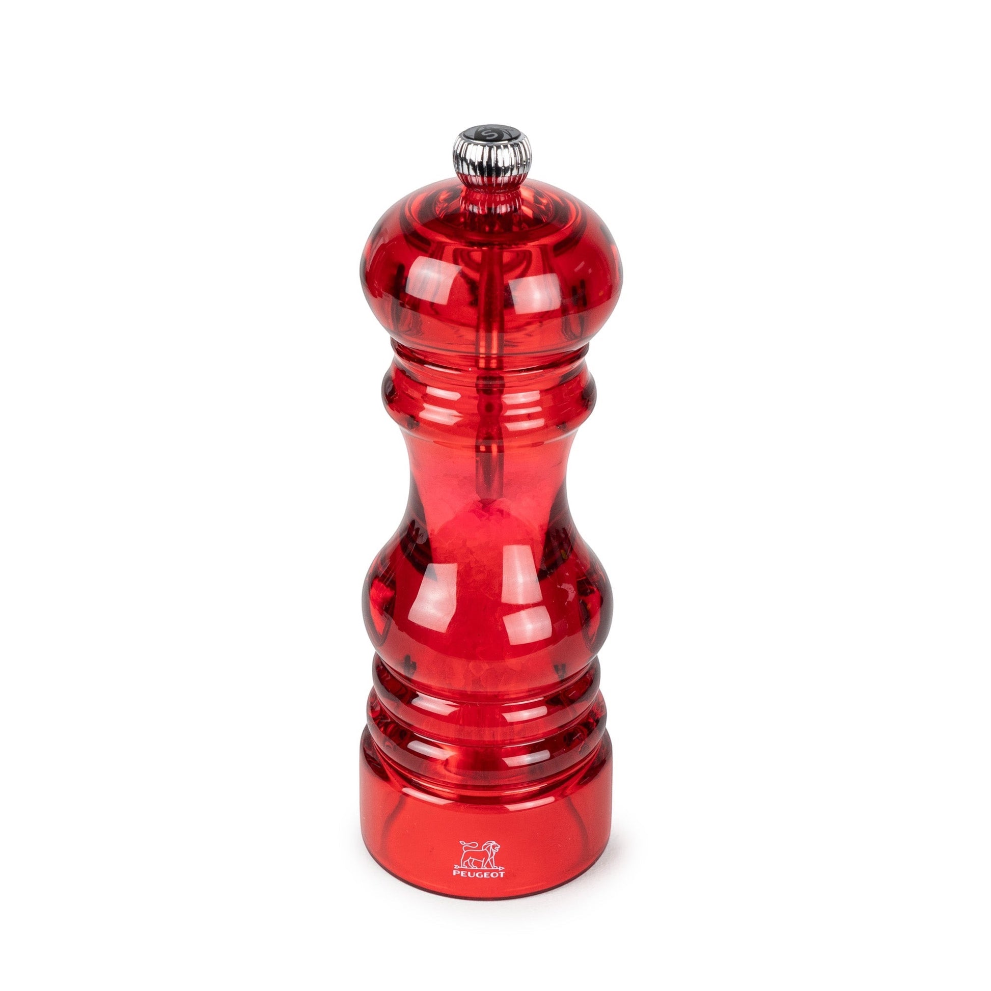 Eclectic Peugeot Podium 18cm red acrylic salt and pepper mill with a precision steel grinding mechanism